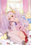  1girl animal_ears ass azur_lane bangs bed bed_sheet breasts bunny_ears closed_mouth commentary_request day expressionless fake_animal_ears floodlights flower hair_between_eyes highres indoors jacket jitome laffey_(azur_lane) legs_together light_purple_hair long_hair looking_at_viewer lying manjuu_(azur_lane) off_shoulder on_bed on_side panties pantyshot petals pillow pink_jacket pleated_skirt red_eyes red_skirt saekiya_sabou sidelocks skirt small_breasts solo strap_slip stuffed_animal stuffed_toy sunlight thighhighs twintails underwear very_long_hair white_legwear white_panties 