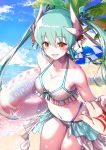  1girl :d absurdres aqua_hair beach bikini blue_sky breasts cleavage cloud command_spell dragon_horns fate/grand_order fate_(series) highres horns huge_filesize innertube kiyohime_(fate/grand_order) long_hair looking_at_viewer nakanishi_tatsuya navel ocean open_mouth palm_tree parasol pov sky smile solo swimsuit tree twintails umbrella yellow_eyes 