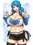  1girl blue_hair breasts cleavage cosplay english_commentary erkaz fairy_tail highres huge_breasts lucy_heartfilia lucy_heartfilia_(cosplay) midriff navel open_mouth original red_eyes rina_atherina skindentation solo thick_thighs thighs twintails 