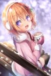  1girl :d bangs bench black_legwear blurry blurry_background blush brown_hair commentary_request cup depth_of_field earmuffs english_text eyebrows_visible_through_hair flower fur-trimmed_jacket fur_trim gochuumon_wa_usagi_desu_ka? hair_between_eyes hair_flower hair_ornament hairclip highres holding holding_cup hoto_cocoa jacket long_hair long_sleeves looking_at_viewer looking_back mittens mug na!?_(naxtuyasai) open_mouth park_bench pink_flower pink_jacket purple_eyes purple_mittens sitting sitting_on_bench smile snow snowing solo thighhighs 