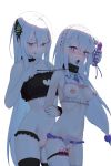  2girls :q absurdres arms_behind_back bare_shoulders black_choker black_legwear bound breasts butterfly_hair_ornament choker cleavage_cutout closed_mouth clothing_cutout collar collarbone commentary_request dildo echidna_(re:zero) emilia_(re:zero) eyebrows_visible_through_hair hair_between_eyes hair_ornament heart heart-shaped_pupils heart_cutout highres holding holding_dildo leash long_hair looking_at_viewer medium_breasts misan_(dd) multiple_girls navel nipple_piercing nipples open_mouth piercing pubic_tattoo purple_eyes pussy re:zero_kara_hajimeru_isekai_seikatsu red_eyes sex_toy simple_background smile symbol-shaped_pupils tattoo tears thighhighs tongue tongue_out vibrator white_background white_hair white_legwear yuri 