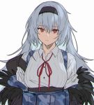  1girl aogisa blue_hair breasts closed_mouth eyebrows_visible_through_hair fur_collar fur_trim girls_frontline hairband long_hair looking_at_viewer neck_ribbon red_eyes red_ribbon ribbon serious shirt solo suspenders thunder_(girls_frontline) white_background white_shirt 