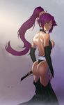  ass back backless_outfit bare_shoulders bleach breasts catthouse_studios dark_skin elbow_gloves gloves long_hair looking_back medium_breasts miravi open_clothes ponytail purple_hair sheath shihouin_yoruichi solo yellow_eyes 