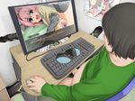  1boy 2girls ass black_hair blue_eyes blue_skin blush breasts butakoma_300g censored chair clothed_sex computer computer_keyboard computer_mouse demon_girl desk detached_sleeves eroge female floral_print from_above green_shirt hair_between_eyes hair_intakes hands heart highres horns huge_breasts indoors keyboard lace long_hair multiple_girls open_mouth outstretched_arm pink_hair playing_games poster pussy pyurachri sex shirt shirt_lift short_hair sitting spread_legs tears thighhighs through_wall vaginal white_hair 