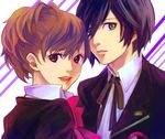  1girl blue_eyes blue_hair bow brown_hair couple female_protagonist_(persona_3) hetero looking_at_viewer persona persona_3 persona_3_portable red_eyes ribbon school_uniform smile utk-utk yuuki_makoto 