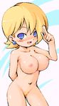  1girl :d arm_behind_back bemani blonde_hair blue_eyes blush breasts chabo_(fuketsudan) earring female jewelry judy judy_(pop'n_music) large_breasts lowres navel navel_piercing nipples nude open_mouth piercing pop&#039;n_music pop'n_music pubic_hair salute short_hair smile solo two-finger_salute 