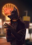  2020 5_fingers anthro black_body black_fur canid canine canis claws clothing collar detailed_background digital_media_(artwork) fingers fur hi_res jacket kevintheradioguy leather leather_jacket male mammal smile solo topwear wolf yellow_eyes 