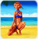  2020 anthro beach blue_clothing breasts brown_hair brown_nose captain_amelia clothing crouching digital_media_(artwork) disney felid female front_view green_eyes hair hi_res lipstick makeup mammal orange_body sand sea seaside short_hair solo swimwear tan_body treasure_planet vylfgor water 