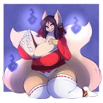  1:1 absurd_res anthro bell between_breasts big_breasts breasts canid canine cleavage clothed clothing fox gin-blade hi_res holding_breast huge_breasts jingle_bell legwear mammal multi_tail one_eye_closed panties thick_thighs thigh_highs underwear wink 