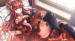  animal_ears anthuria_(granblue_fantasy) aruma_jiki bed dress elbow_gloves gloves granblue_fantasy long_hair red_eyes red_hair thighhighs waifu2x 