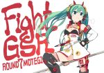  1girl =3 aqua_eyes aqua_hair black_gloves blush_stickers breasts cleavage commentary detached_sleeves dress fingerless_gloves flag flagpole gloves goodsmile_racing hair_ornament hand_on_hip hatsune_miku headphones highres holding holding_flag leg_up lena_(zoal) logo long_hair looking_away medium_breasts racing_miku racing_miku_(2020) shin_guards sleeveless sleeveless_dress smiley_face solo twintails very_long_hair visible_air vocaloid white_background white_dress white_sleeves zipper 