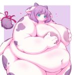  &lt;3 4_fingers anthro areola belly big_belly big_breasts blush bodily_fluids bovid bovine breasts cattle female fingers hair hi_res horn kemono lactating looking_at_viewer mammal milk navel nude obese obese_anthro obese_female overweight overweight_anthro overweight_female purple_hair radiowave smile solo white_body 