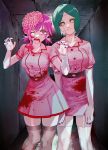  2girls 4chi belt blood blood_splatter brain breasts chainsaw_man character_request feet_out_of_frame green_eyes grey_legwear grey_sclera hands_up heart heart-shaped_pupils highres large_breasts multiple_girls open_mouth pink_hair pink_shirt pink_skirt pleated_skirt purple_nails scarf shirt short_sleeves skirt symbol-shaped_pupils thighhighs white_legwear yellow_eyes 