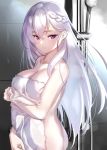  1girl arm_under_breasts azur_lane bangs belfast_(azur_lane) braid breasts closed_mouth commentary_request covering french_braid hair_between_eyes highres large_breasts long_hair looking_to_the_side naked_towel nanaken_nana nude_cover pale_skin purple_eyes shower_(place) shower_head silver_hair towel white_towel 