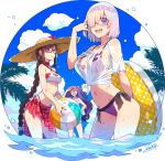  3girls :d arm_behind_back ball bare_shoulders beachball bikini breasts brown_hair character_request cleavage cloud consort_yu_(fate) criss-cross_halter earrings eyebrows_visible_through_hair fate/grand_order fate_(series) glasses hair_over_one_eye halterneck hand_on_forehead hand_on_hip hat highres holding innertube jewelry large_breasts long_hair looking_at_viewer mash_kyrielight medium_breasts midriff multiple_girls navel open_mouth palm_tree pink_bikini pink_hair purple_bikini purple_eyes purple_hair red_eyes redrop sarong screentones sheer_clothes shirt short_hair side-tie_bikini sion_eltnam_sokaris sky smile striped striped_bikini sun_hat swimsuit thong_bikini tied_shirt tree twintails very_long_hair water wet wet_clothes white_bikini white_shirt 