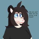  1:1 anthro blue_eyes brown_hair clothing didelphid donya english_text eyewear female fur glasses hair hi_res mammal marsupial multicolored_body multicolored_fur open_mouth shirt simple_background solo teeth text topwear 