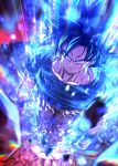  1boy arms_at_sides aura black_hair blue_shirt bracer clenched_hands closed_mouth collarbone dragon_ball dragon_ball_super full_body looking_at_viewer male_focus mattari_illust orange_pants rock serious shirt silver_eyes solo son_goku standing torn_clothes ultra_instinct v-shaped_eyebrows 