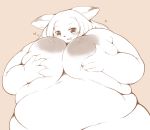  &lt;3 4_fingers anthro areola belly big_areola big_belly big_breasts blush breasts canid canine female fingers hand_on_breast hi_res kemono looking_at_viewer mammal nipples obese obese_anthro obese_female overweight overweight_anthro overweight_female radiowave simple_background solo 
