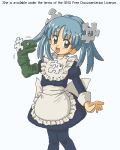  1girl :d apron arm_at_side background_text bangs blue_dress blue_eyes blue_hair blue_legwear bow commentary contrapposto dot_nose dress english_commentary english_text eyebrows_visible_through_hair feet_out_of_frame frilled_apron frills hand_puppet hand_up head_tilt juliet_sleeves kasuga_(kasuga39) knees_together_feet_apart light_blue_background long_hair long_sleeves looking_at_viewer looking_to_the_side lowres maid motion_lines oekaki open_mouth pantyhose puffy_sleeves puppet puzzle_piece simple_background sleeve_cuffs smile solo tareme toy twintails waist_apron white_apron white_bow wikipe-tan wikipedia wrist_extended 