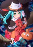  1girl absurdres bakemonogatari blush broom broom_riding candy drawdream1025 food green_eyes green_hair hat highres monogatari_(series) ononoki_yotsugi sitting striped striped_legwear thighhighs tongue tongue_out witch witch_hat 