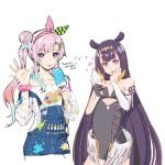  2girls airani_iofifteen airani_iofifteen_(artist) bangs black_hair blue_eyes collaboration english_commentary english_text flat_chest food highres hololive hololive_english hololive_indonesia ice_cream long_hair looking_at_viewer multiple_girls ninomae_ina&#039;nis ninomae_ina&#039;nis_(artist) overall_shorts pink_hair popsicle side_ponytail tongue tongue_out very_long_hair virtual_youtuber waving 
