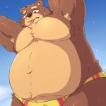  1:1 2020 anthro belly blush bodily_fluids brown_body brown_fur clothing fur kemono kota&acute; male mammal navel overweight overweight_male solo sweat tongue tongue_out underwear ursid 