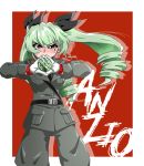  1girl 7654_dog anchovy_(girls_und_panzer) anzio_(emblem) anzio_military_uniform bangs belt black_belt black_neckwear black_ribbon black_shirt commentary cowboy_shot dress_shirt drill_hair emblem eyebrows_visible_through_hair girls_und_panzer gloves green_hair grey_jacket grey_pants hair_ribbon hands_together jacket long_hair long_sleeves looking_at_viewer military military_uniform necktie pants parody red_background red_eyes ribbon sam_browne_belt shirt silhouette solo standing twin_drills twintails uniform v-shaped_eyebrows white_gloves wind wing_collar wwe 