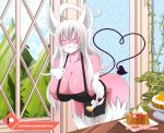  anthro apron apron_only bent_over big_breasts blush breasts butt cleavage clothed clothing domestic_cat eyes_closed felid feline felis food hair huge_breasts hybrid mammal mostly_nude pink_body sagestrike2_(artist) spade_tail white_hair 