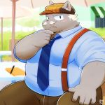  1:1 2020 allstatus3 anthro belly blush bottomwear canid canine clothing detailed_background facial_hair hat headgear headwear hi_res kemono male mammal mustache necktie outside overweight overweight_male pants shirt sitting solo topwear 