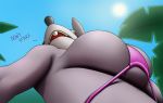  anthro big_breasts bikini breast_squish breasts buckteeth clothing creatiffy dialogue female grey_body hi_res low-angle_view mammal mouse murid murine outside rodent solo squish sun swimwear teeth thea_stilton 