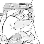  1:1 2020 anthro bed belly canid canine canis clothing domestic_dog duo furniture hi_res hug human kemono male mammal monochrome mtmnkmn overweight overweight_male pillow shirt sketch sleeping topwear underwear 