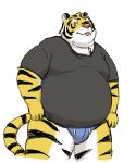  2020 anthro belly clothing felid hi_res kemono male mammal maron2475 overweight overweight_male pantherine shirt simple_background solo tiger tongue tongue_out topwear underwear white_background 