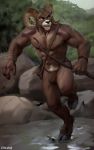  2020 anthro bighorn_sheep bovid bow brown_body brown_fur caprine chunie clothing digital_media_(artwork) fur hi_res horn loincloth looking_aside male mammal muscular muscular_male nipples outside running sheep solo tribal white_body white_fur 