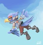  2020 3buddy 5_fingers anthro avian beak bird blue_body blue_eyes blue_feathers boots bottomwear clothing day falco_lombardi feathers fingers footwear half-closed_eyes hi_res jacket looking_at_viewer looking_back male narrowed_eyes nintendo pants red_body red_feathers sky smile star_fox tail_feathers topwear video_games 