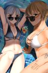  2girls absurdres arm_support armpits arms_behind_head bikini black_bikini blonde_hair blush brave_witches breasts brown_eyes cleavage closed_mouth cocktail collarbone drink edytha_rossmann eyebrows_visible_through_hair highres hiroshi_(hunter-of-kct) large_breasts looking_at_viewer lying multiple_girls navel on_back short_hair side-tie_bikini small_breasts smile sunglasses swimsuit swimwear waltrud_krupinski white_bikini white_hair world_witches_series 