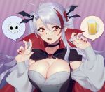  1girl azur_lane black_choker breasts cape capelet choker cleavage cloak eyebrows_visible_through_hair fang hair_between_eyes hair_ornament halloween highres large_breasts long_hair mimiko_(fuji_310) multicolored_hair prinz_eugen_(azur_lane) red_cape red_eyes red_hair silver_hair simple_background solo streaked_hair twintails upper_body 