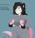  absurd_res anthro black_hair breasts didelphid donya english_text eyewear female fur genitals glasses hair hi_res mammal marsupial multicolored_body multicolored_fur nude pussy simple_background smile solo text yellow_eyes 