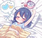  1girl arm_up arrow_(symbol) blue_hair blush breasts chibi closed_eyes closed_mouth collarbone furutani_himawari heart large_breasts short_hair sleeping smile solo spoken_heart takahero thought_bubble yuru_yuri 