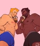  2boys abs absurdres ass bara beard between_pecs black_boxers blonde_hair blush boxers brown_hair bubble_tea bubble_tea_challenge bulge chest chest_hair couple cup disposable_cup drinking_straw eye_contact facial_hair hairy highres looking_at_another male_focus meme multiple_boys muscle navel navel_hair nipples nyuudles object_on_pectorals overwatch reaper_(overwatch) short_hair soldier:_76_(overwatch) stubble underwear underwear_only yaoi younger 