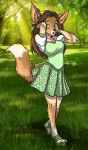  2020 anthro blacksheeptfs bottomwear breasts brown_hair canid clothing female footwear grass green_eyes hair hi_res mammal open_mouth outside photo_background shoes skirt solo standing surprise transformation 