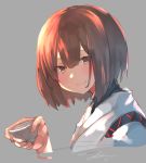  1girl brown_eyes brown_hair choko_(cup) cup grey_background hyuuga_(kantai_collection) japanese_clothes kantai_collection looking_at_viewer short_hair simple_background smile solo sunday_aki undershirt upper_body 