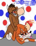  absurd_res anal anthro asinus body_hair brown_body brown_fur canid canine democrat_donkey duo equid equine eyewear fivethirtyeight fivey_fox fox fur glasses hi_res kneeling male male/male mammal mascot politics red_body red_fur simple_background text tongue tongue_out toony what zooptoon 