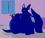  absurd_res anthro areola bed bedroom belly belly_expansion belly_inflation big_belly big_breasts blue_body breasts day-tripper-guy dragon expansion female furniture hand_on_stomach hi_res horn huge_breasts hyper hyper_belly inflation kneeling nipples scalie smile solo window wings yellow_eyes 