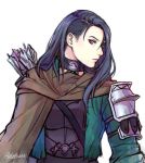  1girl adelnath armor arrow_(projectile) black_armor black_hair brown_cape cape choker closed_mouth commentary english_commentary fire_emblem fire_emblem:_three_houses from_side green_jacket hair_between_eyes jacket lips long_hair long_sleeves looking_at_viewer older open_clothes open_jacket profile purple_eyes quiver shamir_nevrand shoulder_armor signature simple_background solo white_background 