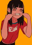  1girl bangs black_hair blunt_bangs bright_pupils cowboy_shot earrings hieda_yawe jewelry long_hair looking_at_viewer original red_eyes red_shirt shirt short_sleeves simple_background solo white_pupils yellow_background 