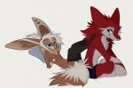  anthro aseethe blue_eyes brown_body brown_fur canid canine clothed clothing duo eyewear fennec fluffy fluffy_tail fox fur goggles lying mammal melody_(aseethe) multicolored_body multicolored_fur on_back pillow red_body red_fur sergal simple_background sitting smile two_tone_body two_tone_fur white_background white_body white_fur 