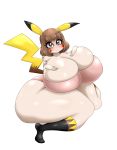  absurd_res big_breasts blush breasts brown_hair female hair hi_res holding_breast huge_breasts humanoid luditima nintendo obese overweight pikachu pok&eacute;mon pok&eacute;mon_(species) pok&eacute;mon_humanoid pok&eacute;morph simple_background solo thick_thighs video_games white_background 
