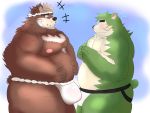  2020 4:3 anthro asian_clothing belly brown_body brown_fur bulge canid canine canis clothing domestic_dog duo east_asian_clothing fundoshi fur goro_(live-a-hero) green_body green_fur hi_res japanese_clothing jockstrap kemono live-a-hero male male/male mammal mokdai moobs nipples overweight overweight_male raiinochi underwear ursid video_games 