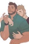  2boys arm_around_shoulder arm_hair bandaid bandaid_on_nose bara beard blonde_hair brown_hair cigarette collared_shirt couple cropped_torso dark_skin dark_skinned_male facial_hair flat_color green_shirt highres hug hug_from_behind male_focus multiple_boys muscle original partially_unbuttoned powerlesssong shirt short_hair sideburns stubble watch yaoi 