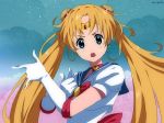  1girl bangs bishoujo_senshi_sailor_moon blonde_hair blue_eyes gloves long_hair looking_at_viewer miyuli open_mouth parody parted_bangs puffy_short_sleeves puffy_sleeves sailor_moon short_sleeves signature solo style_parody tsuki_ni_kawatte_oshioki_yo tsukino_usagi upper_body white_gloves 